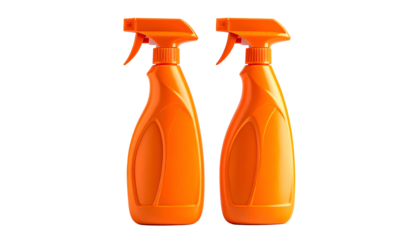 Two bright orange spray bottles side by side, isolated on a transparent background