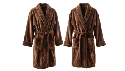 Two plush, brown bathrobes, side by side, showcasing their soft textures and belted waists