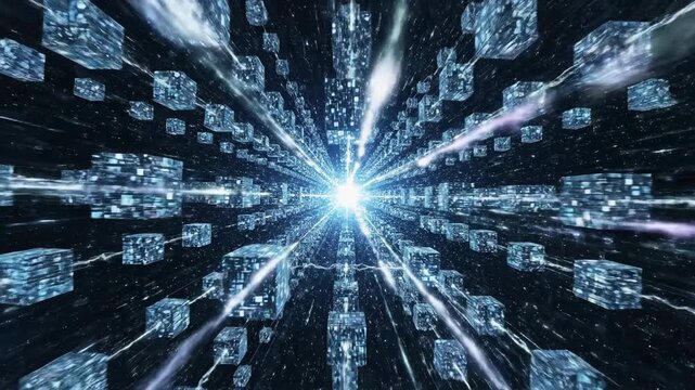 Fast dynamic movement through an abstract field of interconnected glowing geometric cube structures representing quantum computing and complex algorithms engineering, futuristic, abstract field