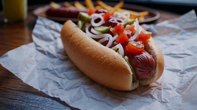 Hotdog with tomato, onion, and pickle on paper wrap. Sausage in bread bun with ketchup. Street food snack with fastfood, hotdog, lunch, meat, tomato, sausage, bread, snack, delicious.