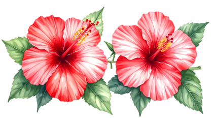 Watercolor illustration of two vibrant red hibiscus flowers with green leaves