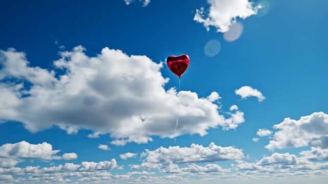 Fast dynamic shot capturing the swift upward trajectory of a ruby red heart balloon rapidly released into a vast blue sky filled with scattered white cumulus clouds shot, go, romance