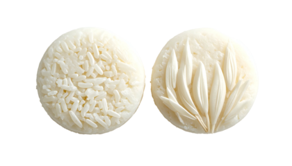 Two round servings of cooked white grains, one plain, the other etched with foliage