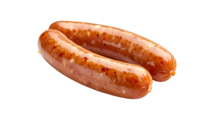 Close-up of two cooked sausages on a black background, with visible spices