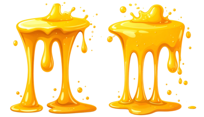 Two vibrant, cartoonish drips of golden liquid, possibly honey, with splash effects, on black