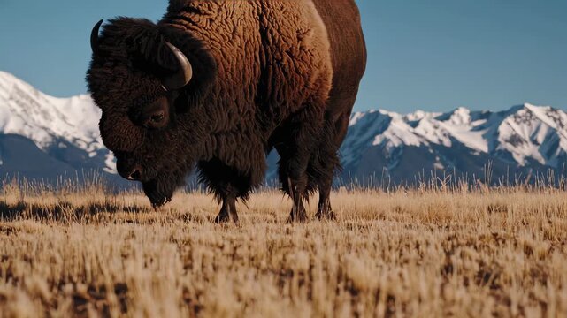 majestic bison standing in golden prairie grass, snow-covered mountain range in the background, crisp clear blue sky, dramatic wilderness landscape