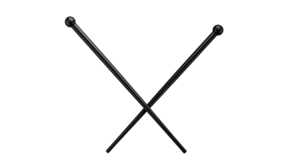 Two slender, black sticks with rounded ends cross against a stark black background