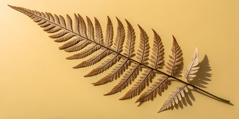 Naklejka premium Dried brown fern frond lying diagonally across soft light yellow beige surface casting shadow