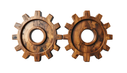 Two interlocking wooden gears, detailed graining, isolated against a black background
