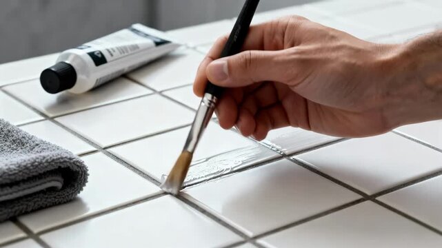 Medium shot showing sealing of grout after cleaning highlighting the careful application of protective sealant to preserve grout durability and enhance tile longevity.