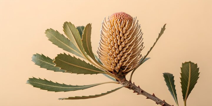 Exotic banksia flower closeup macro botanical portrait featuring striking golden brown inflorescence and serrated green leaves against a smooth neutral studio background