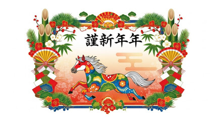 Vibrant colorful horse runs amidst festive chinese new year decorations and floral arrangements with asian inspired fan motifs