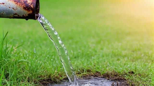 Video Water pouring from rusty pipe onto green grass, environmental flow