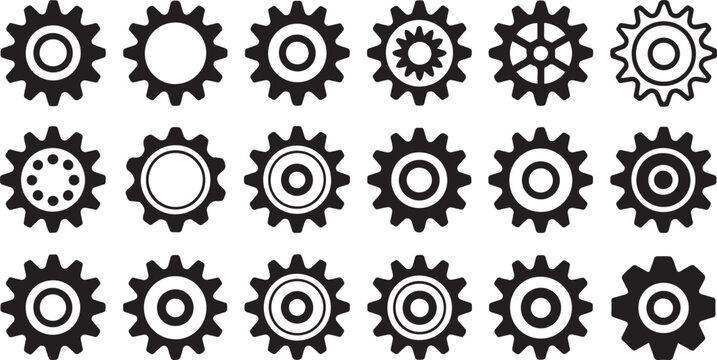 Gear icon vector set, black cogwheel vector collection, mechanical gear shapes, engineering symbols, industrial machinery, sprocket designs, abstract gearwheel graphics