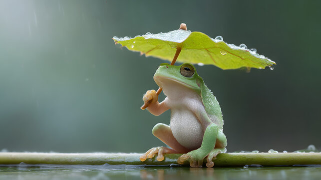 Frogs' Rainy Day Shelter: A charming frog finds a creative solution to a rainy day, using a leaf as a whimsical umbrella, embodying joy and serenity under a downpour. 