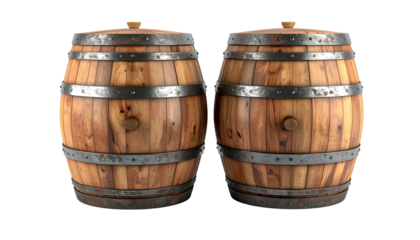 Two identical wooden barrels with metal hoops, set against a dark background