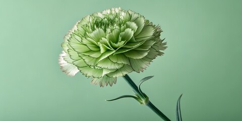 Spectacular fluffy green carnation flower close-up showcasing densely packed ruffled petals and crisp detailed edges against serene matching sage green background