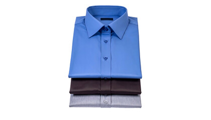 Stack of three folded dress shirts, blue on top, brown in middle, and grey on bottom