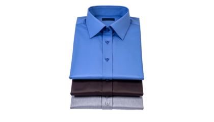 Stack of three folded dress shirts, blue on top, brown in middle, and grey on bottom