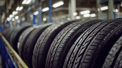 Closeup medium shot of a highresolution camera capturing detailed images of tires on a production line to detect flaws using AI algorithms.