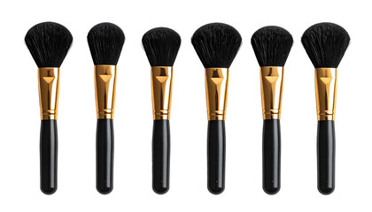 Six makeup brushes with black bristles, gold ferrules, and black handles, aligned horizontally