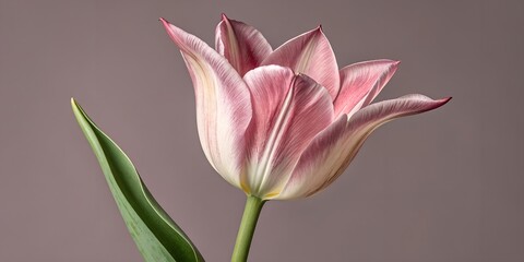 Obraz premium Elegant pink and white striped tulip opens gracefully against muted solid color studio background indoors