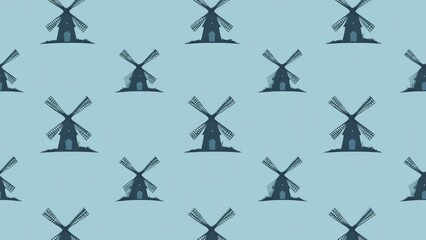 A seamless windmill silhouette pattern illustration background arranged evenly on pale sky blue