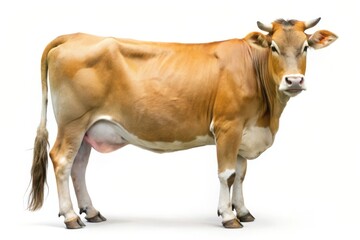 Healthy dairy cow standing against a plain white background in full body view