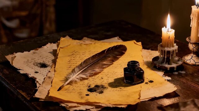 Vintage parchment paper with feather quill pen, candlelight, and antique writing tools creating historical storytelling atmosphere
