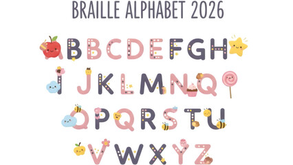 Braille alphabet chart with colorful illustrations and kids' icons