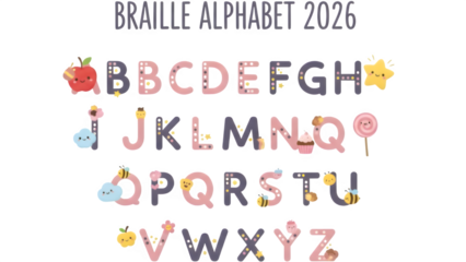 Braille alphabet chart with colorful illustrations and kids' icons