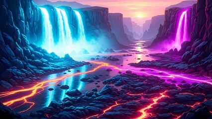 surreal alien landscape with glowing neon waterfalls and river at twilight sunset