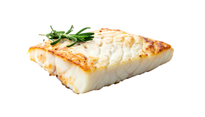 A cooked fish fillet, seared to a golden brown, garnished with fresh rosemary