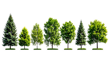 Diverse collection of seven vibrant trees of various types, isolated on a black background