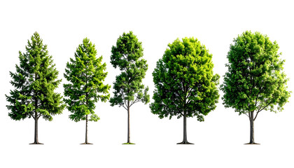 Isolated image of five diverse green trees with various shapes and dense foliage