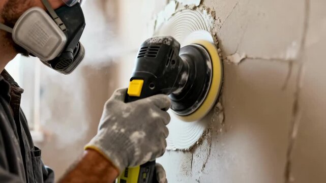 View of a DIY enthusiast sanding dried compound on repaired drywall capturing finishing touches for a smooth flawless surface.