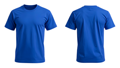 Front and back views of a plain, vibrant blue crew neck t-shirt on a black background (1)