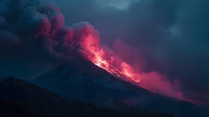 Fototapeta premium Dramatic night shot of a volcano erupting with rivers of glowing red lava flowing down the dark mountain slopes and thick smoke clouds.