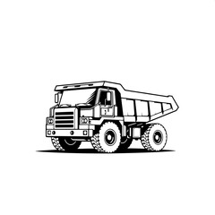 Graphic black and white dump truck artwork in a minimalist industrial style with crisp edges and mechanical symmetry, featuring a modern vector design with bold lines and geometric shapes, set against