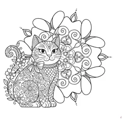 Selbstklebende Fototapeten Mandala Intricate Line Art Cat Design with Floral Patterns and Swirling Mandala Elements for Creative Coloring Activities  © Pla@22