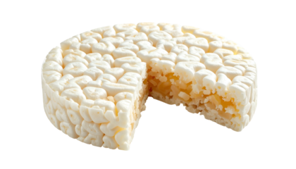 Close-up of a round, puffed rice cake with a section removed, against black backdrop