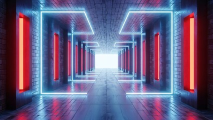 A futuristic dark brick tunnel or corridor with glowing blue and red neon lights abstract background
