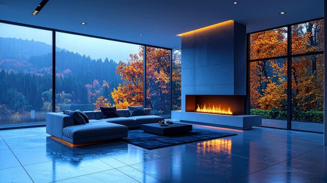 Modern living room interior with cozy fireplace overlooking rainy autumn.
