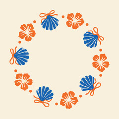 Decorative round frame made of alternating blue sea shells with bows and orange hibiscus flowers, connected by dots. Nautical and tropical summer design on beige background.