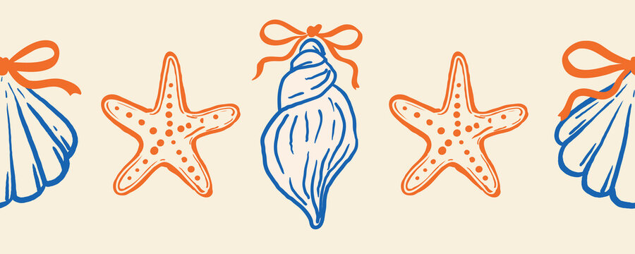 Seamless horizontal marine border with alternating starfish and seashells tied with ribbons in orange and blue tones on a light background. Suitable for summer-themed designs and beach packaging.