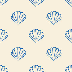 Scallop shells arranged in a seamless marine pattern. Blue shell drawings on a beige background create a calm nautical texture. Suitable for textiles, summer prints, packaging, and beach themes.