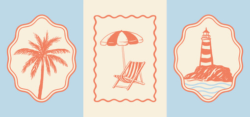Three summer illustrations in retro-style coral color: palm tree, striped deckchair with umbrella, and lighthouse on a rock. Wavy frame layout. Great for stickers, cards, planners and journaling.