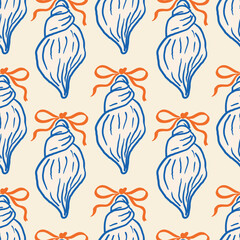 Seashells with orange bows, seamless hand-drawn pattern. Blue and orange color on beige background. Suitable for summer wrapping paper, textile, wallpaper, and coastal-themed designs.