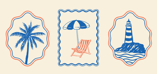 Three retro-style illustrations in blue and coral: palm tree, striped beach chair with umbrella, and lighthouse on rock. Vintage sticker layout in wavy frames. Perfect for planners