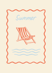 Illustration of a striped deck chair in red, with hand-drawn wavy frame, &ldquo;Summer&rdquo; text above and blue ocean waves below. Minimal retro beach style. Great for seasonal cards and covers.